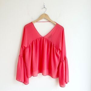 Honey Punch Bright Coral Bell Sleeve Blouse